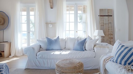 A coastal chic guest room with a slipcovered sofa in white with blue stripes, evoking a beach cottage vibe