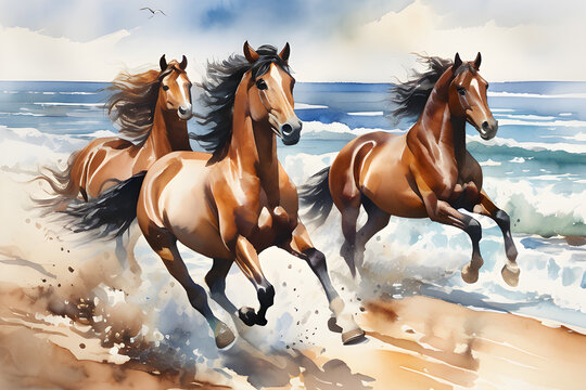 Oil painting horse running beach, oil painting artwork.
