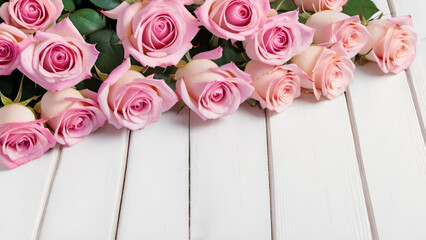 A bouquet of pink roses with green leaves on white wooden background with space for text.Valentine's Day,Mother's Day or Birthday gift concept. Banner for design.Generative AI.