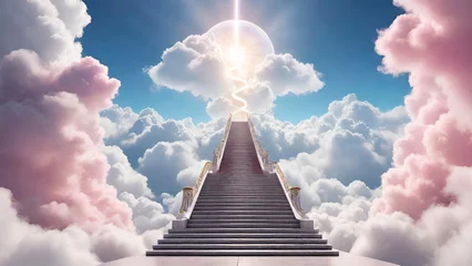 Foto op Canvas Stairway leading up to bright light with clouds, heaven concept.Generative AI © svf74