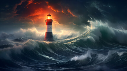 In the rough sea, a steadfast lighthouse shines a guiding light