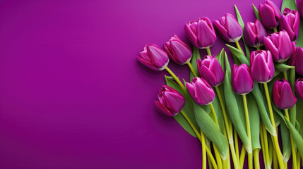 Floral background. Festive pink background with tulips, flat layer top view