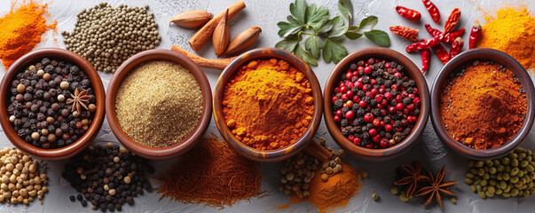 Assorted spices in wooden bowls on a white background, including turmeric, coriander, chili, and peppercorns.