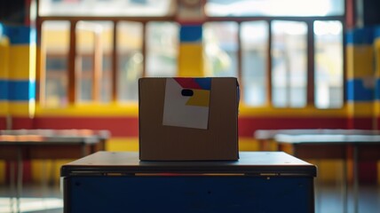 Conference Room and Ballot Box with Blurred International Flags in Background in the colors of Venezuela flag