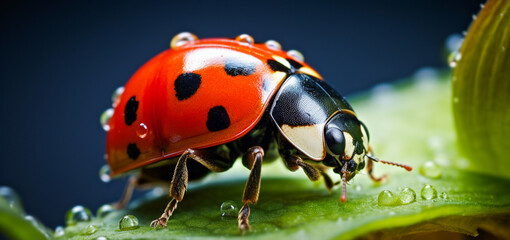 Macro photograph of a ladybug on a green leaf