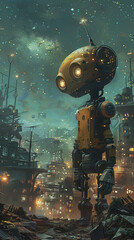 A futuristic robot scans the ruins of an abandoned city searching for signs of life under a sky lit by distant stars