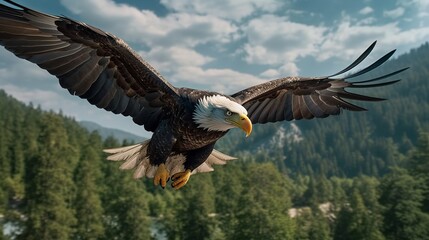 Obraz premium A bald eagle flies high observing its prey against the backdrop of a dense forest