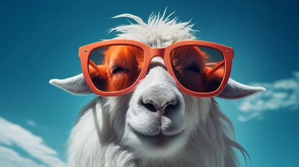 Deurstickers Little white baby goat with sunglasses, isolated on blue color background © Katrin_Primak