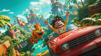 A vibrant scene where a cartoon character drives a car cheering as an animal heroically jumps over action packed and joyful