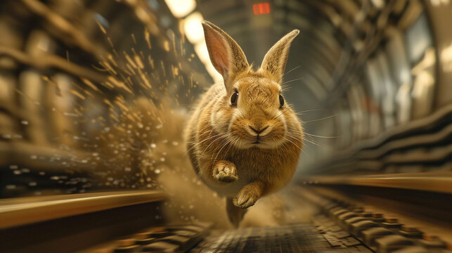 A swift rabbit races an underground train darting through tunnels a blur of speed and agility