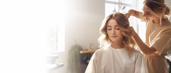 Hair stylist does hair style of beautiful young woman in hairdressing salon banner. Professional stylist makes hairstyle. New trendy haircut offer, beauty salon, hair care promotion. Copy space