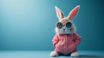 Foto op Plexiglas anti-reflex Cool cute easter bunny, rabbit with sunglasses and jogging suit with rabbit ears, isolated on blue background © Katrin_Primak