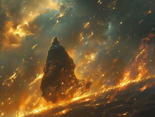 Hooded figure weaving through a meteor shower their cloak untouched by the fiery barrage
