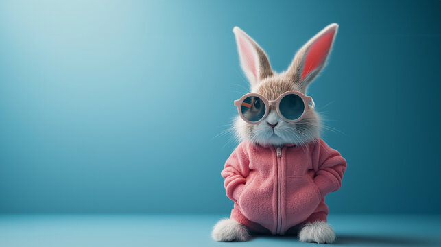 Cool cute easter bunny, rabbit with sunglasses and jogging suit with rabbit ears, isolated on blue background