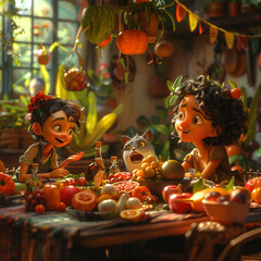 Bright animated characters sitting at a dining table engaging in lively banter surrounded by a bounty of colorful fruits