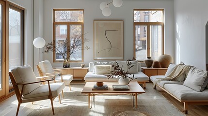 A Scandinavian inspired living room with a neutral color palette, clean lines, and minimalist furniture