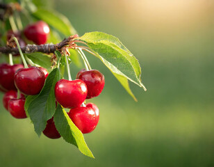 Cherry tree branch close-up, fruit orchard blurred background with copy space - obrazy, fototapety, plakaty