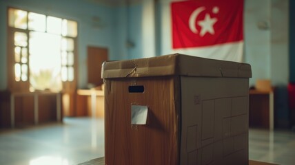 Blurred International Flags in Background in the colors of Tunisia flag with Ballot Box in Conference Room