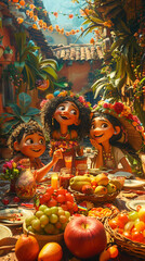 In a scene of cartoon camaraderie characters laugh and dine together the table a cornucopia of exotic fruits brimming with friendship