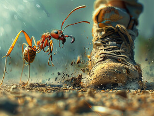 In a surreal display of courage an ant with a weapon faces off against a human foot a small victory in madness