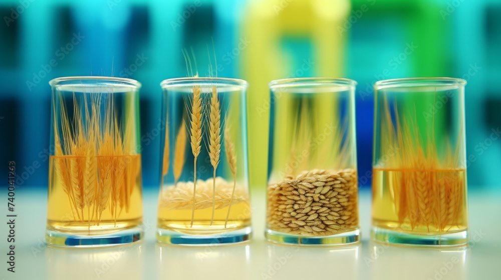 Poster close-up of various wheat varieties and ears in glass flasks. grain analysis of genetically modified