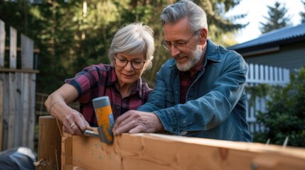 Senior Couple Enjoying Woodworking Together Outdoors