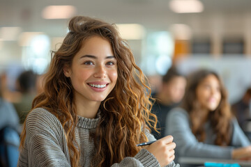 Smiling Female Student in Classroom. A cheerful young woman smiling brightly, engaging in a classroom environment with peers in the background.
