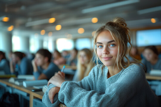 Smiling Female Student in Classroom. A cheerful young woman smiling brightly, engaging in a classroom environment with peers in the background.