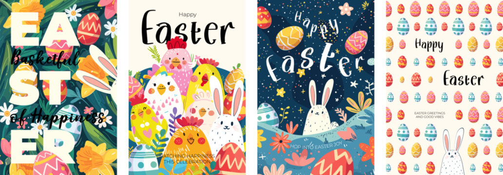 Happy Easter Day holiday abstract poster set. Colorful eggs in grass and cute rabbit, chickens and flowers. Traditional spring religious celebration greeting card. Vector modern drawing festive bunny