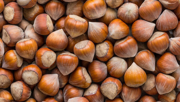 Hazelnuts background, top view, close up of hazelnut nuts texture