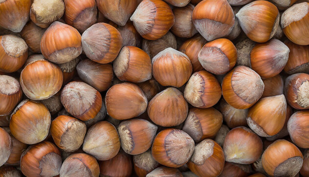 Hazelnuts background, top view, close up of hazelnut nuts texture