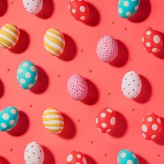 Minimal, pattern background of colorful eggs on pastel red. Easter. Spring. - obrazy, fototapety, plakaty