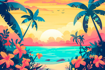 Fototapeta na wymiar Tropical background with palm trees and flowers on sunrise, copy space