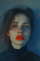 Mystic Beauty Portrait with Bold Orange Lips, Artistic Makeup in Moody Lighting