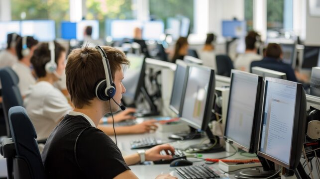 Office setting with multiple operators at computers with headsets, suitable for depicting customer service and teamwork.