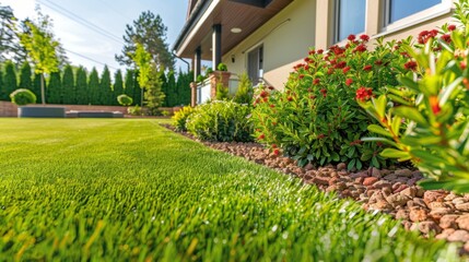 Neatly landscaped backyard of a modern home with trimmed hedges and a lush green lawn, perfect for architecture and home design.