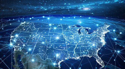Fototapeta premium Digital map of the USA with glowing connections, symbolizing networking, communication, and technology.