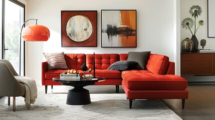 A modern guest room with a modular sofa in vibrant red, adding a bold statement to the neutral decor