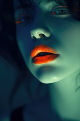 Mystic Beauty Portrait with Bold Orange Lips, Artistic Makeup in Moody Lighting