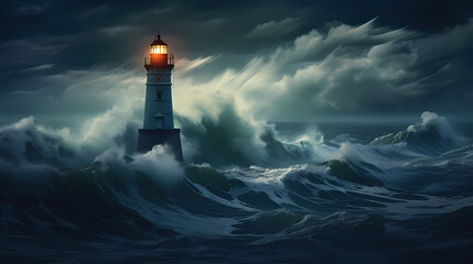 Fototapeta na wymiar In the rough sea, a steadfast lighthouse shines a guiding light