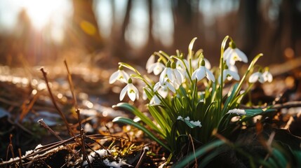 White snowdrop flowers bloom outdoors with sunlight