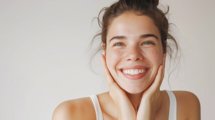 Happy young beautiful woman's face with fresh clean skin - isolated on white background. Smiling woman touching her face. Skin care, moisture, clean. Women's beauty concept - obrazy, fototapety, plakaty
