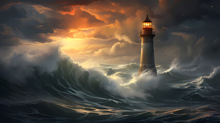 In the rough sea, a steadfast lighthouse shines a guiding light - obrazy, fototapety, plakaty