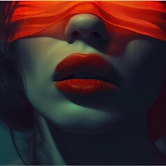 Mysterious Woman with Red Lips Veiled in Sheer Orange Fabric, Elegance and Secrecy