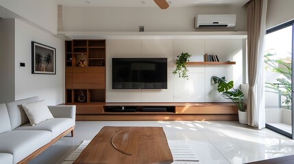 A minimalist TV lounge with a floating media console and hidden storage compartments for clutter free organization