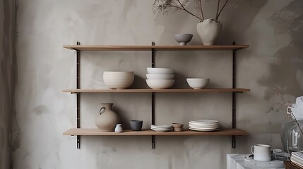 Fototapeta na wymiar A minimalist living room with Scandinavian style wall mounted shelves showcasing curated decor items