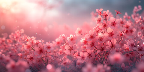 Pink flower bush banner in the sunset light. Design template for wallpaper, spa concept, fabulous....