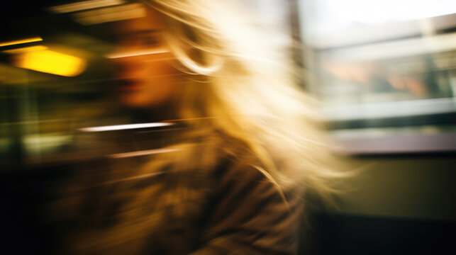 Portrait of a beautiful girl, against a background of motion blurred light - Powered by Adobe