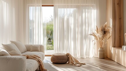 A living room with Scandinavian style sheer curtains for privacy without blocking natural light - obrazy, fototapety, plakaty