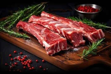Fototapeta premium Raw pork ribs are laid out on a cutting board